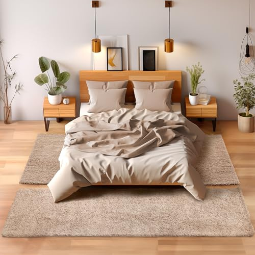 Tappeto stile Shaggy a pelo lungo, set da 3 pezzi - Scendiletto, per camera da letto, Polipropilene, Beige, 2x60x110+1x80x150