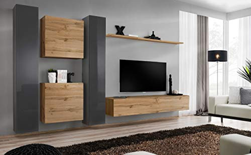 All4All Wohnwand SW 6 - Wohnzimmermöbel - Schrankwand für Wohnzimmer - Wohnzimmerschrank - Anbauwand Hängend - Modern Wotan+Grau 21
