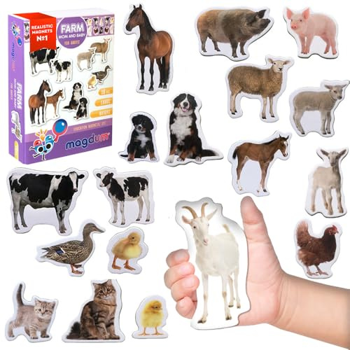 Magdum Kühlschrankmagnete für Kinder 18 Mama & Baby Tiermagnete Bauernhof | Große realistische Magnettiere für Kühlschrank, Whiteboard Montessori Lernspielzeug für Vorschule, Home Geschenk für Kinder