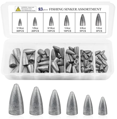 Bullet Sinkers Fishing Weights, 29/83pcs Fishing Weights Kit Worm Weights Assortment Slip Sinkers for Bass Fishing Saltwater Freshwater