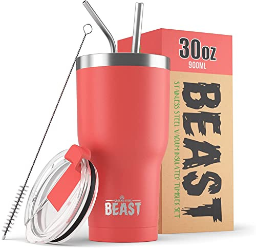 Beast Tumbler - 900 ml (30 oz), Coral Pink | Reusable Stainless Steel, Vacuum Insulated Cup | with + 2 Straws & Cleaning Brush | Double Wall Travel Flask Perfect for Hot or Iced Coffee | BPA Free