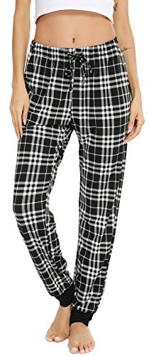 Vlazom Rutiga pyjamasbyxor för kvinnor, mjuka pyjamasbyxor för kvinnor, joggingbyxor, långa, ogenomskinliga sportbyxor, idealiska för sömn, löpning och promenader, svart, L