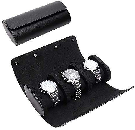 ROSELLE Watch Roll Travel Case for Men and Women- 3 Watch Storage and Organizer-Secure Storage with Innovative Removable Pillows & Solid Dividers for Home Storage, Travel and Display(Black Cross-3)