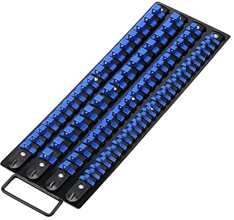 CASOMAN 80-Piece Heavy Duty Socket Organizer Tray, 1/4-Inch, 3/8-Inch, 1/2-Inch,Premium Quality Socket Holders,Black Rails with Blue Clips, Best Unique Tool Gift for Men