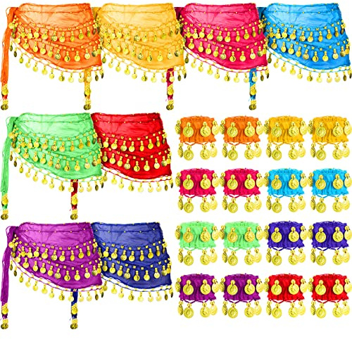 Vicenpal 24 Pieces 8 Colors Belly Dance Hip Scarf and Belly Dance Wrist Ankle Cuffs Bracelets Skirt Coin Scarf Bangles for Women Bellydance Yoga Multicolor