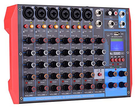 Mezcladores en vivo Consola de mezclas portátil de 8 canales Mezclador de audio digital + 48 V de alimentación Compatible con conexión BT/USB/MP3 para grabación de música Red de DJ Transmisión en vi