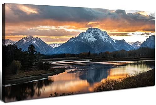 Sunset Mountain Wall Art for Living Room Nature Grand Teton Landscape Canvas Wall Decor National Park Wall Art Oxbow Bend Snake River Scenery Wyoming Painting Artwork Office Home Decoration 20x40