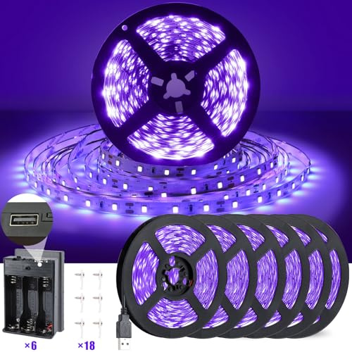 NEWREACH 49.2ft USB Black Light Strip with Battery Box, 5V LED Blacklight Strip 900LEDs for Glow in The Dark, 385-400nm for Halloween Birthday Party Fluorescent Poster Painting, 6pcs x 8.2ft
