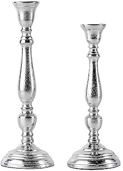 2er Set Kerzenständer Kerzenhalter Aluminium Silber Deko - Kerzenleuchter Modern für Stabkerzen - Tischdeko Hochzeit - Dekoration Wohnzimmer - H 27 und 31 cm