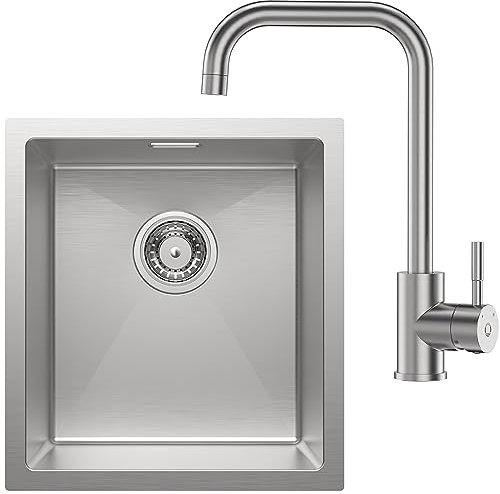 CECIPA Evier Cuisine 1 Bac 40 x 44 cm avec Robinet Cuisine Brossé, Évier Noir Sous Plan, Évier de Cuisine Inox Carré, Petit Lavabo Cuisine avec Siphon, Kit de Drainage