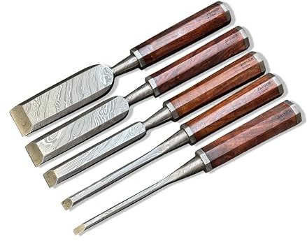 Lot de 5 burins faits à la main pour le travail du bois, professionnel pour mortaiser et sculpter en acier de Damas forgé à la main avec poignée octogonale, entretoise et capuchon