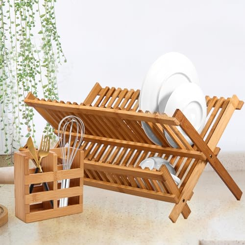 Foribyw Dish Drying Rack 2 Tier Bamboo Dishes Drainer Rack 20 Slots Bowl and Plate Holder with Utensil Holder Folding Wood Kitchen Rack for Counter
