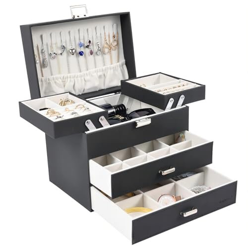 Dajasan Schmuckkästchen, Schmuckaufbewahrung, 4 Ebenen Schmuckschatulle mit 2 Schubladen, Groß Schmuckbox für Ringe, Ohrringe, Halskette, Uhren, Armbänder (Schwarz)