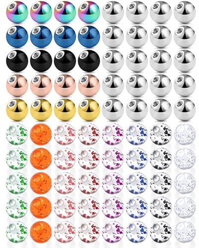 Labbe 80 pcs Piercing Kugeln Set 1,6mm Gewinde Edelstahl 5mm Ersatzkugel Schraubkugeln Plastik Glitzer Lippenpiercing Kugeln