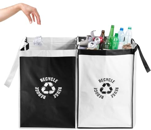 Daowwui 2 Packs Recycling Bags White,Black with handle Separate Sorting Organizer Woven waste Bins bag with Large Capacity 28.7L,Waterproof Reusable Storage and Easy clean for Kitchen Home Office,