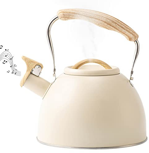 Bouilloire sifflante sur cuisinière, bouilloire en acier inoxydable de 3 litres, théière vintage de style rétro, avec poignée en grain de bois et sifflet haut, bouilloire de cuisine, pour cuisinièr