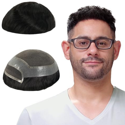 Lordhair Toupet Cheveux Humains pour Hommes, avec Dentelle Française et Bord de Peau(Densité Moyenne Légère,Hors Noir 1B#)