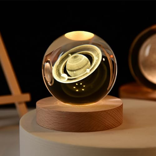 Starnearby 3D Kristallkugel Nachtlicht, 80mm Glaskugel Lampe mit Holzsockel, Sonnensystem Kristallkugel Planeten Lampe, Astronomie Geschenk für Mutter, Kinder, Freundin (Saturn)