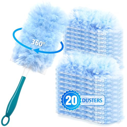 NEWE Dusters for Cleaning with 20 Refills for Flash, Dust Magnet with 1 Handle for Swiffer, 360 Degree Heavy Duty Dusting Kit with 4X Microfibers for Blinds Bookshelf Furniture