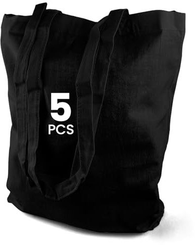 Netuno 5 Stück Stofftaschen Baumwolle Schwarz 38 x 42 cm Bodenfalte 10 cm Baumwolltaschen mit langen Griffen Einkaufstasche unbedruckt Tragetasche zum Bemalen Bedrucken Baumwollbeutel Jutebeutel
