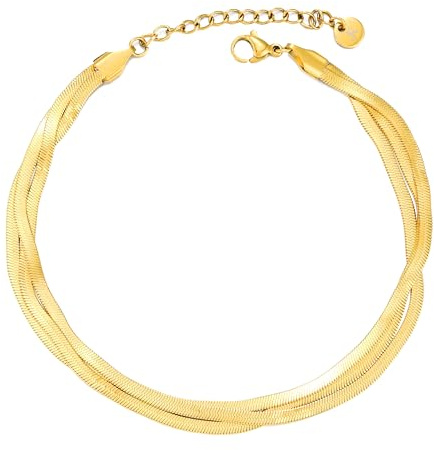 Kim Johanson® Edelstahl Damen Fußkettchen *Alma* in Silber, Gold & Roségold | Mehrreihige Fußkette | Schlangenkette | Wasserfest | Boho Schmuck für Frauen | Verstellbare Länge