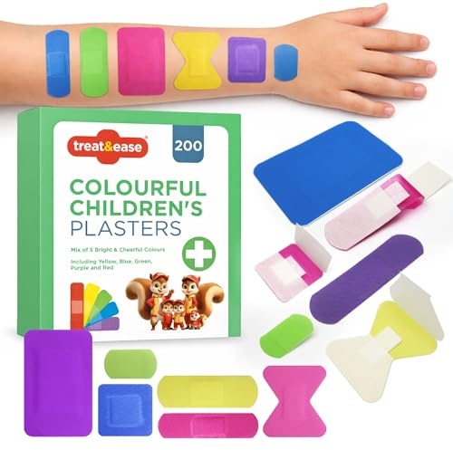 SOL 200pk Colourful Children's Plasters - Fun, Bright, Coloured Kids Plasters for Boys, Girls, Toddlers, and Babies - Washproof Assorted in Various Shapes and Sizes - Ideal for Kids First Aid Kits