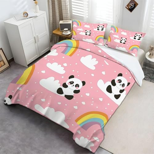 Bettbezug 3 teilig 135 x 200 cm Bettwäsche-Sets Panda Im Zeichentrickfiguren-Design mit 2 Kissenbezug 80 x 80 cm, Rosa Weich und Bügelfrei Atmungsaktive Microfaser mit Reißverschluss Bettbezug Set