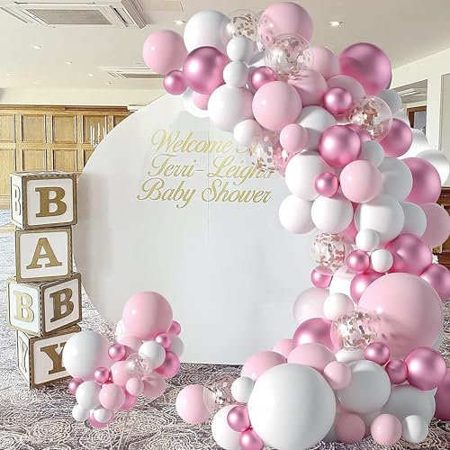Lepat Pink Balloons Arch Kit, 116 Pcs Pink White Gold Balloon Garland Arch with Gold Confetti Balloons, Pink Birthday Balloons for Birthday Party Decorations Engagement Wedding Anniversary Hen Party