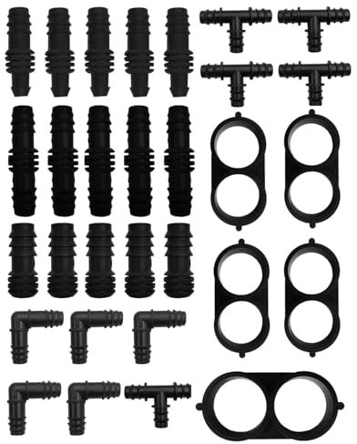 KGDUYC 30 pezzi Kit di connettori per irrigazione per tubi flessibili, connettori per tubi a barra 16 mm, sistema di irrigazione, dritti, ad arco, a T, spine
