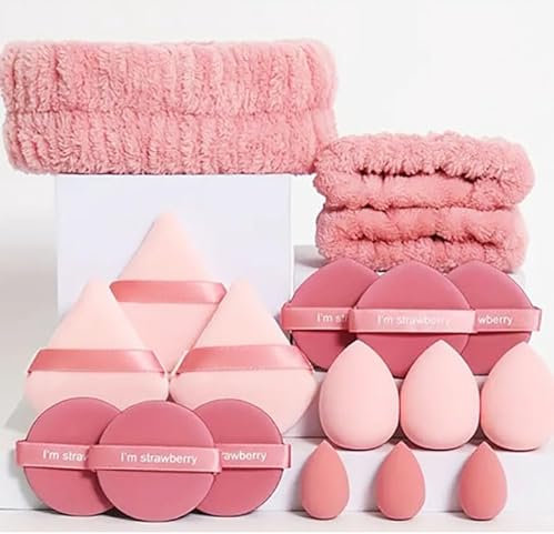 18-Piece Strawberry-Themed Makeup Tool Set - Headband, Wrist Band, Blending Sponges, Mini Sponges, Triangle Powder Puffs, Air Cushion Puffs, Pink