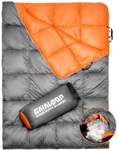 Gaialoop Daunendecke für Auto, Camping, Outdoor, Reisen, Rucksackreisen, Entendaunen, leicht, tragbar, weich, warm, gemütlich, Campingdecke, Steppdecke, 134,6 x 198,1 cm, Hellgrau