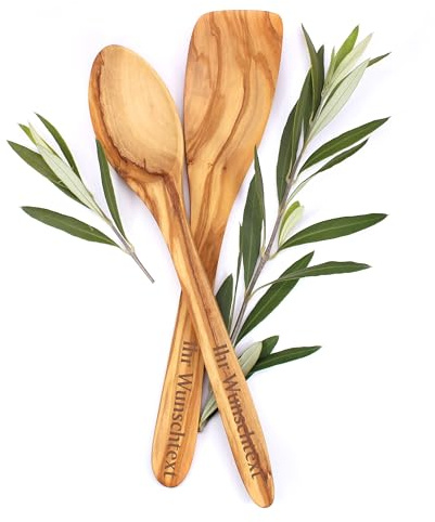 Dekolando Kochlöffel und Pfannenwender aus Olivenholz - personalisiert mit Gravur - Made in Germany - Holz Set Kochbesteck Holzbesteck