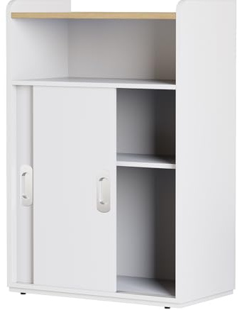 Adjustable Storage Cabinet with Sliding Doors, Multi-Functional Organizer with 2-Tier Shelves, Height-Adjustable Design, Compact Cabinet for Small Spaces, Bedroom, Living Room, or Office (White)