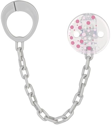 babynova Chaîne de Sucette avec Clip et Anneau Adaptateur – Attache-Sucette pour Bébé – Compatible avec Toutes les Sucettes – Essentiel pour Nouveau-né – Sans BPA - Pois roses