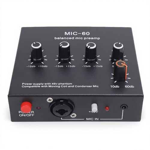 Préampli Microphone avec 3 Entrée 60 DB Gain 48 V Power, Mic Gain Booster pour le Micro Dynamique du Condenseur