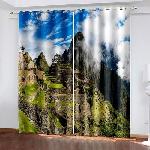 Epinki Gardinen Vorhänge Verdunkelung, Vorhänge Verdunkelungsvorhang mit Berg Himmel Landschaft Muster, Thermovorhänge Kälteschutz Schallschutz, Blau Grün Braun, H229 x B214 cm(2er Pack)