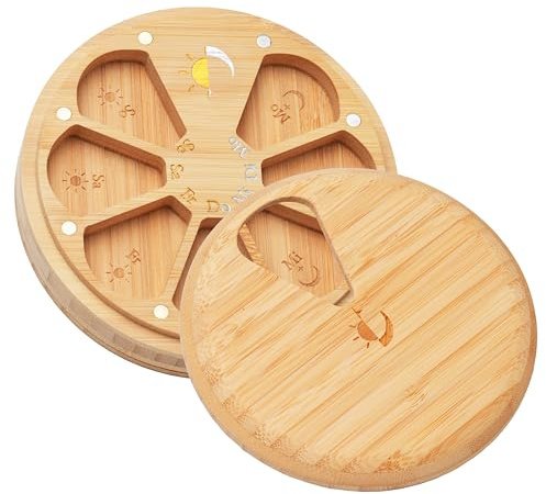 ELEMENTBOX Doppelseitige Premium Pillenbox, Pillendose mit 24 K Gold Magneten, Tablettenbox 12,5CM, Tablettendose 7 Tage, Medikamentenbox aus Holz, Medizindose, Medikamentendose, Medizinbox (12,5 CM)