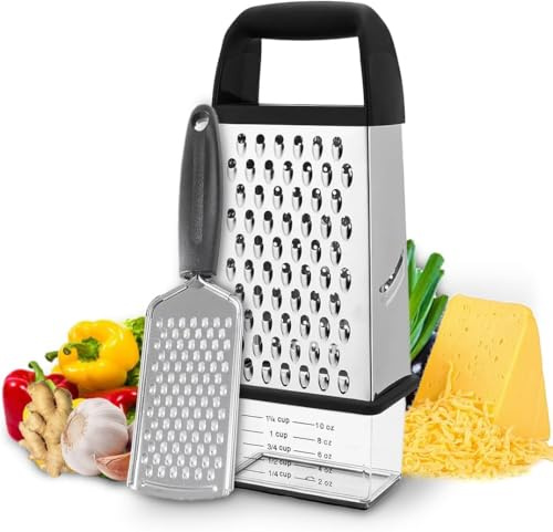 Vinnies Kitchenware 2-in-1 Stainless Steel Grater Set – Ergonomic Box Grater with Built-in Storage & Zester for Cheese, Vegetables & Ginger – Rust-Resistant, Dishwasher Safe, Easy to Use
