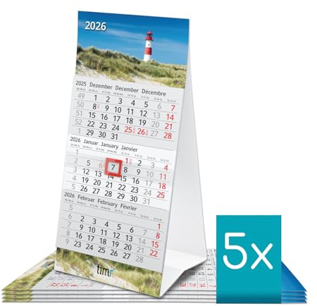 Timr skrivbordskalender 2026 liten att ställa upp - 3-månaderskalender med skjutreglage - kalender för skrivbord och kontor - motiv fyr - 5 stycken I tr373