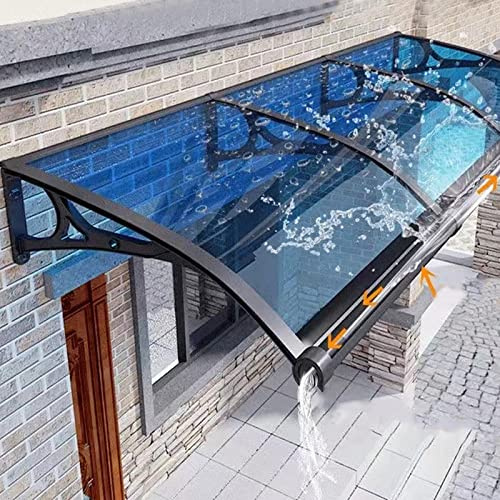 Moderno toldo para exteriores, elegante pérgola de patio con techo de policarbonato azul y marco de aluminio negro (60 x 420 cm / 24 x 165) - Solución de sombra de jardín resistente a la intemperie