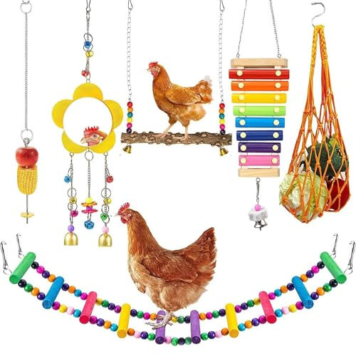 6pcs giocattoli per polli altalena in legno naturale scala per polli specchio xilofono per con campanelli frutta mangiatoia sospesa accessori per pollaio per uccelli galline pulcini giocattoli p