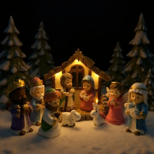 Krippenfiguren Set für Kinder - Weihnachtskrippe Mit Beleuchtung – 12Pcs Kleinkindspielzeug mit kleinen Figuren und Spielsets – Weihnachtskrippe Komplettset für Jungen und Mädchen ab 3 Jahren