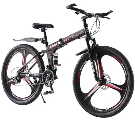 BSTSEL 24 26 27.5Inch Adult Folding Mountain Bike, Dual Suspension Mountain Bikes with 3-Spoke Wheel, 21 Speed Mens and Womens Foldable Mountain Bicycle (26 inch Black&Red)