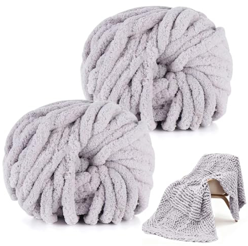 Tjock ulltråd garn för virkning, 2 x 245 g mjukt stickgarn, ull för handstickning, mjuk armstickning, ull för filtar, kuddar, heminredning (ljusgrå)