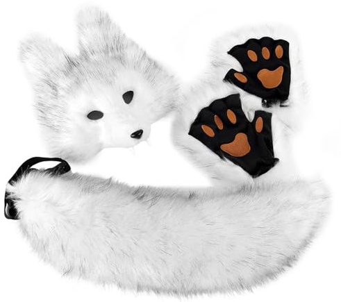 lozssnigzi Wolf Kostüm, Fuchs Wolf Bären Kostüm Set Furry Therian Mask + Schwanz + Handschuhe Für Halloween Fasching Rollenspiel Christmas Party, Unisex