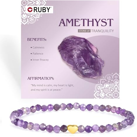 RUBY Edelstein Perlen Armband für Frauen, 4mm Perlen und 18K Vergoldet Edelstahlherz Armbänder Damen,elastischer Schmuck Yoga,Geschenk zum Muttertag-Inklusive Geschenkbox Holz