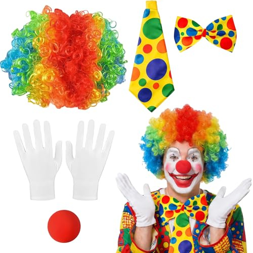 SKIPTHYBER Clown Kostüm Damen Set 5 Stück Mit Bunter Clown-PerüCke,Nase, Fliege, Krawatte und Handschuhen,Karneval Kostüm Herren für Cosplay Party Karneval Zirkusshow