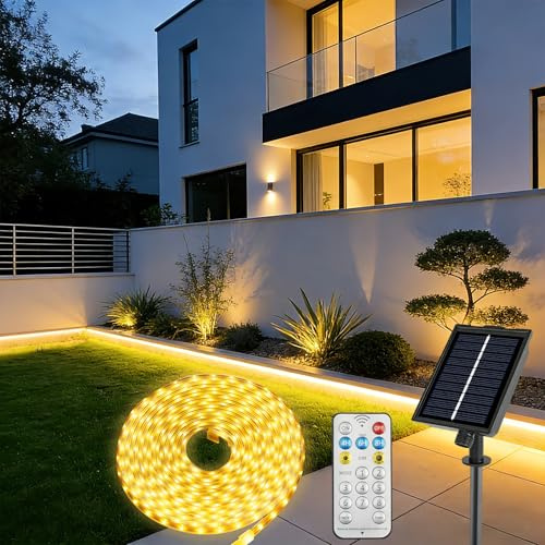 Ylatoial 5M Solar LED Streifen Außen, 320 LED Strip, IP68 Wasserdicht, Dimmbar mit Fernbedienung, 8 Leuchtmodi & Timer, Wiederaufladbar für Balkon, Garten, Terrasse, Warmweiß