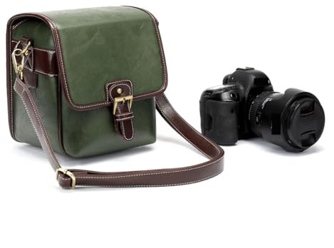 PADGCNOR Kameraväska Kameraväska, elegant, mode, retro, PU-läder, handväska, vattentät, axelväska, DSLR, Retro grön, S, Klassisk