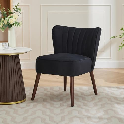 GarveeHome Moderner Akzentstuhl, Gepolsterter Stuhl Aus Samt Mit Massivholzbeinen, Tragkraft 136KG, Bequemer Lounge-Sessel Ohne Armlehnen Für Wohnzimmer, Schlafzimmer, Büro – Schwarz